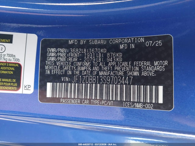 Aukcja sprzedaży 2025 Subaru Brz Premium, vin: JF1ZDBB13S9703447, numer aukcji: 44520712