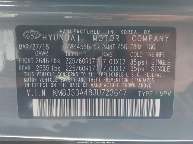 KM8J33A48JU723647 Hyundai TUCSON SEL