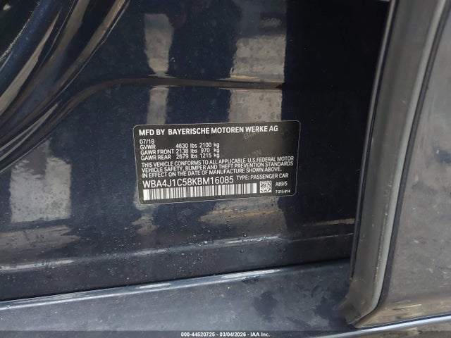 44520725 :رقم المزاد ، WBA4J1C58KBM16085 vin ، 2019 Bmw 430i Gran Coupe مزاد بيع