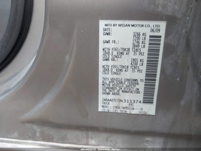 44520732 :رقم المزاد ، 1N6AA07C59N315374 vin ، 2009 Nissan Titan Se مزاد بيع