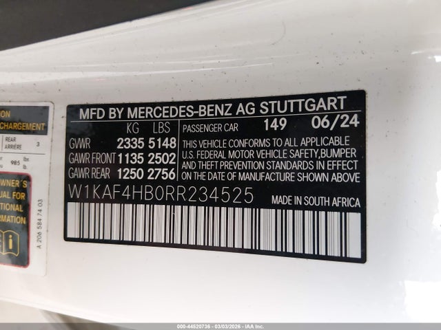 Auction sale of the 2024 Mercedes-benz C 300, vin: W1KAF4HBORR234525, lot number: 44520736