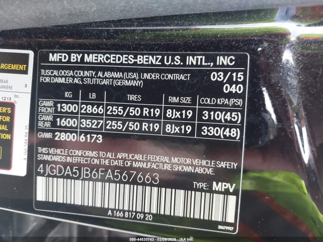 Продаж на аукціоні авто 2015 Mercedes-benz Ml 350, vin: 4JGDA5JB6FA567663, номер лоту: 44520743