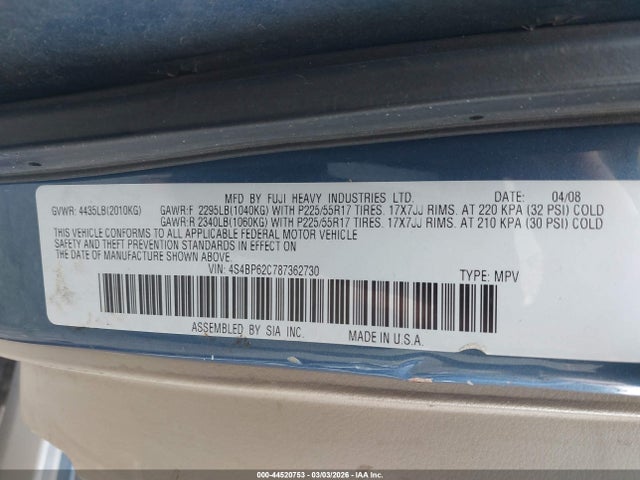 Aukcja sprzedaży 2008 Subaru Outback 2.5i Limited/2.5i Limited L.l. Bean Edition, vin: 4S4BP62C787362730, numer aukcji: 44520753