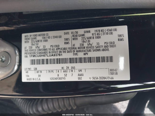 Auction sale of the 2020 Ford Escape Sel, vin: 1FMCU0H67LUA93781, lot number: 44520762