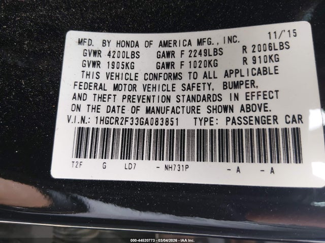 1HGCR2F33GA083851 Honda ACCORD LX