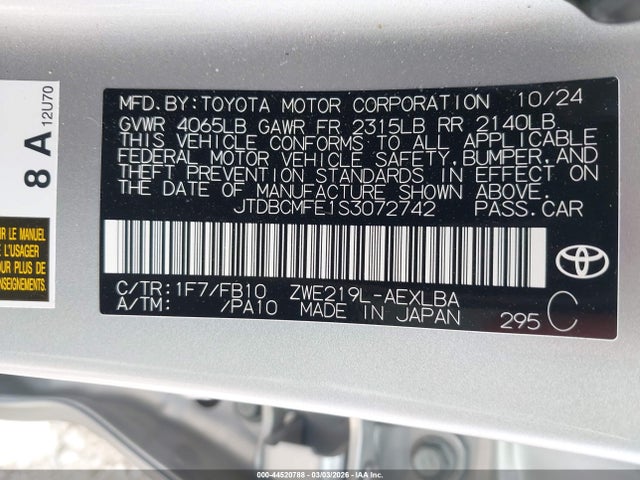 JTDBCMFE1S3072742 Toyota Corolla Hybrid Le