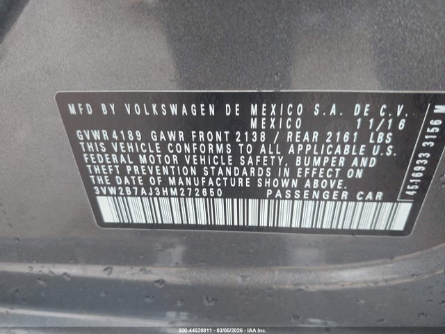 44520811 :رقم المزاد ، 3VW2B7AJ3HM272650 vin ، 2017 Volkswagen Jetta 1.4t S مزاد بيع