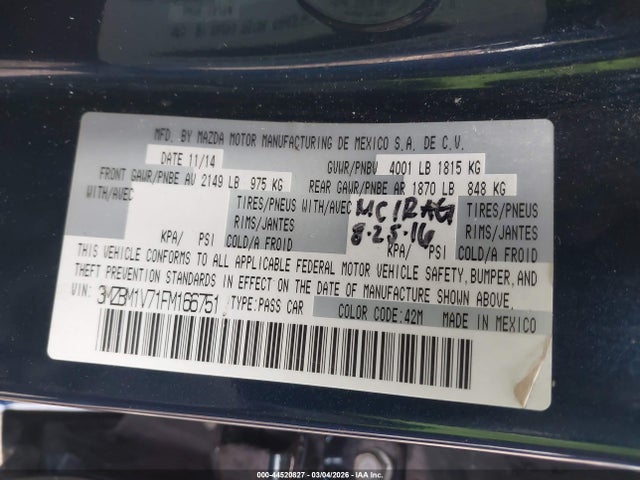 44520827 :رقم المزاد ، 3MZBM1V71FM166751 vin ، 2015 Mazda Mazda3 I Touring مزاد بيع