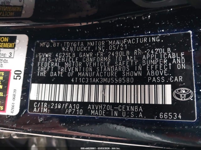 44520861 :رقم المزاد ، 4T1C31AK3MU559580 vin ، 2021 Toyota Camry Le Hybrid مزاد بيع