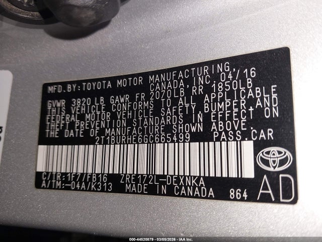 2T1BURHE6GC665499 Toyota COROLLA LE
