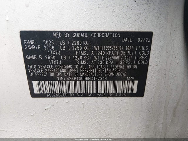 Продажа на аукционе авто 2022 Subaru Outback Wilderness, vin: 4S4BTGUD6N3197344, номер лота: 44520881