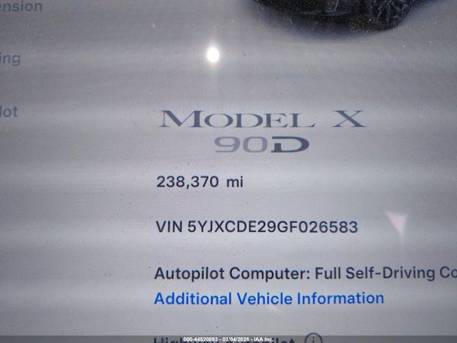 44520893 :رقم المزاد ، 5YJXCDE29GF026583 vin ، 2016 Tesla Model X 60d/70d/75d/90d مزاد بيع