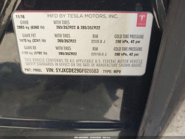 44520893 :رقم المزاد ، 5YJXCDE29GF026583 vin ، 2016 Tesla Model X 60d/70d/75d/90d مزاد بيع