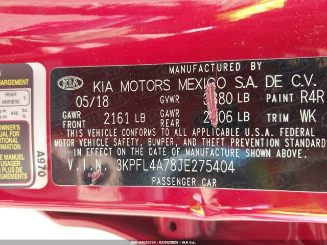 2018 Kia Forte S მანქანა იყიდება აუქციონზე, vin: 3KPFL4A78JE275404, აუქციონის ნომერი: 44520894