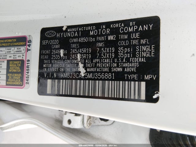Aukcja sprzedaży 2021 Hyundai Tucson Sport, vin: KM8J3CAL5MU356881, numer aukcji: 44520898