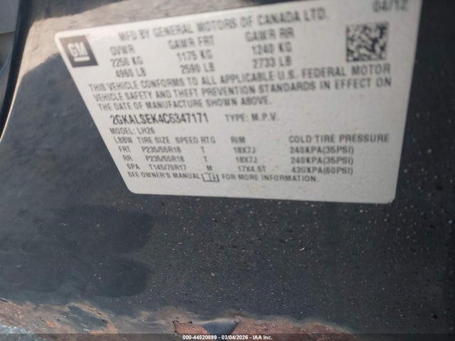 Aukcja sprzedaży 2012 Gmc Terrain Sle-2, vin: 2GKALSEK4C6347171, numer aukcji: 44520899