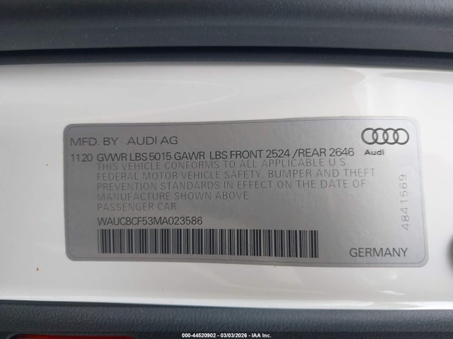 Aukcja sprzedaży 2021 Audi A5 Sportback Premium Plus 40 Tfsi Quattro S Tronic, vin: WAUCBCF53MA023586, numer aukcji: 44520902