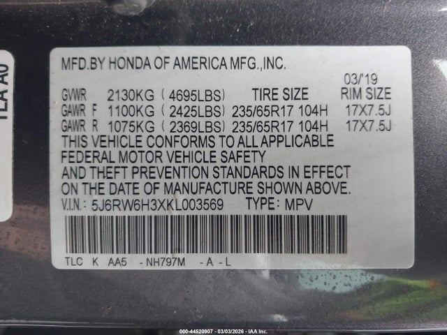 5J6RW6H3XKL003569 Honda CR-V LX
