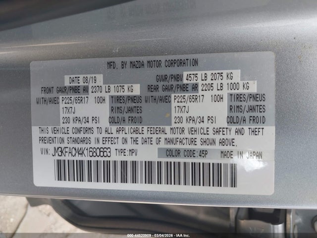 Продаж на аукціоні авто 2019 Mazda Cx-5 Touring, vin: JM3KFACM4K1680663, номер лоту: 44520909