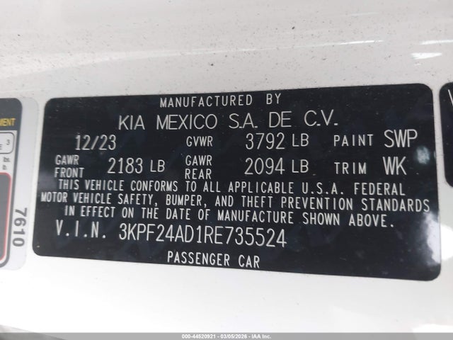 Продаж на аукціоні авто 2024 Kia Forte Lxs, vin: 3KPF24AD1RE735524, номер лоту: 44520921
