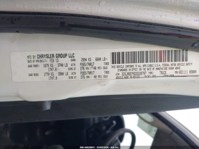 44520941 :رقم المزاد ، 3C6JR6EP6DG528797 vin ، 2013 Ram 1500 Slt مزاد بيع