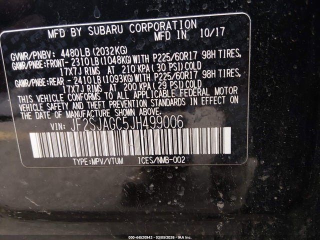 Продажа на аукционе авто 2018 Subaru Forester 2.5i Premium, vin: JF2SJAGC5JH499006, номер лота: 44520943