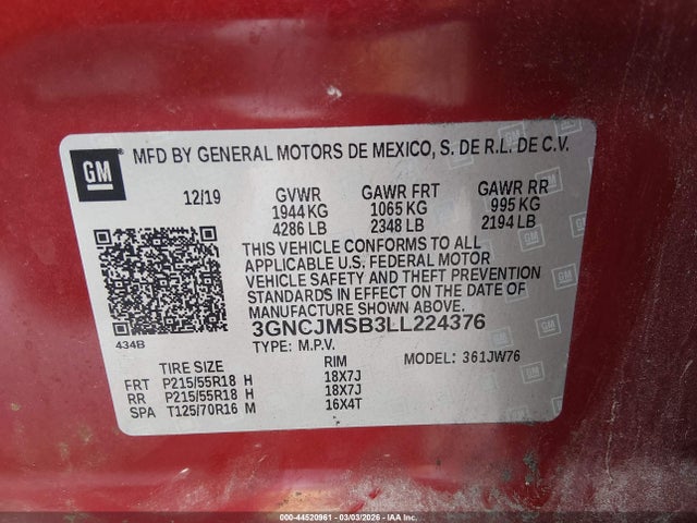 44520961 :رقم المزاد ، 3GNCJMSB3LL224376 vin ، 2020 Chevrolet Trax Fwd Premier مزاد بيع