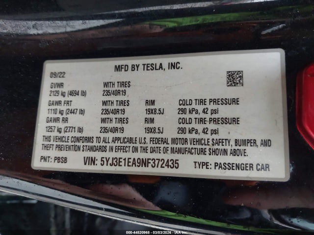 Aukcja sprzedaży 2022 Tesla Model 3 Rear-wheel Drive, vin: 5YJ3E1EA9NF372435, numer aukcji: 44520968