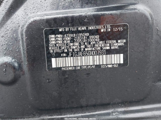 44520966 :رقم المزاد ، JF1GJAF65GH007931 vin ، 2016 Subaru Impreza 2.0i Premium مزاد بيع