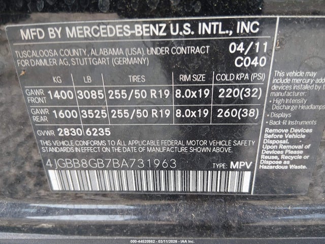 Продажа на аукционе авто 2011 Mercedes-benz Ml 350 4matic, vin: 4JGBB8GB7BA731963, номер лота: 44520982