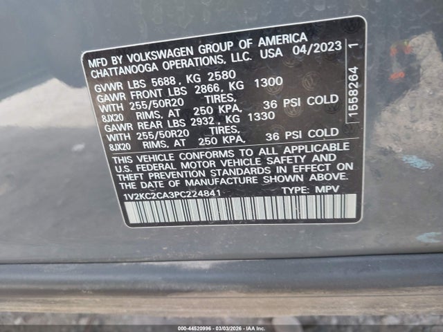 2023 Volkswagen Atlas Cross Sport 2.0t Se W/technology მანქანა იყიდება აუქციონზე, vin: 1V2KC2CA3PC224841, აუქციონის ნომერი: 44520996