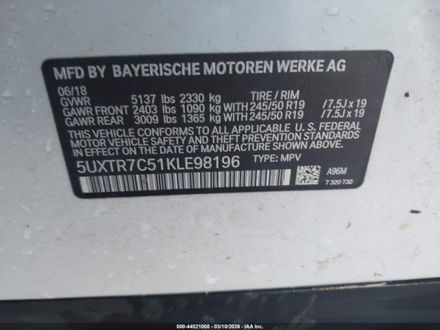 2019 Bmw X3 Sdrive30i მანქანა იყიდება აუქციონზე, vin: 5UXTR7C51KLE98196, აუქციონის ნომერი: 44521008