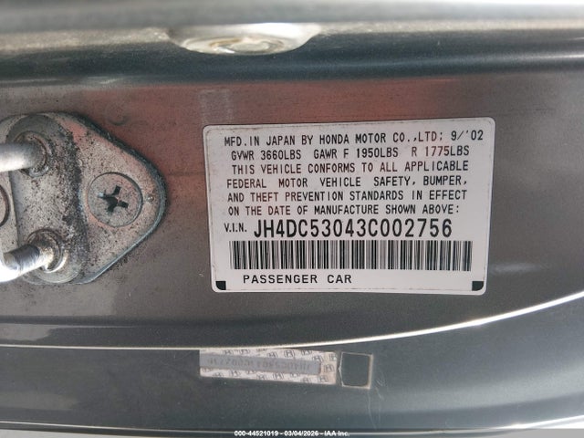 44521019 :رقم المزاد ، JH4DC53043C002756 vin ، 2003 Acura Rsx Type S مزاد بيع