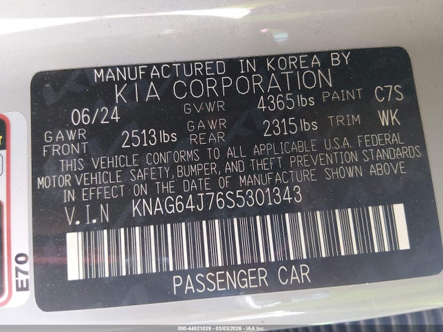 Продаж на аукціоні авто 2025 Kia K5 Gt-line, vin: KNAG64J76S5301343, номер лоту: 44521039