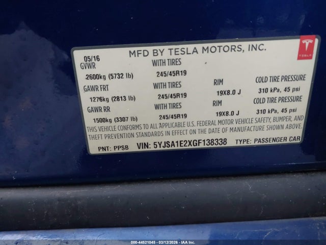 2016 Tesla Model S 60d/70d/75d/85d/90d მანქანა იყიდება აუქციონზე, vin: 5YJSA1E2XGF138338, აუქციონის ნომერი: 44521045