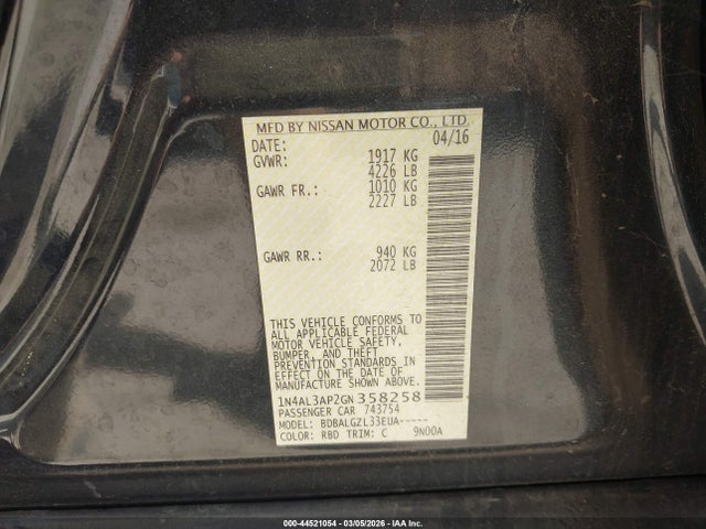 44521054 :رقم المزاد ، 1N4AL3AP2GN358258 vin ، 2016 Nissan Altima 2.5 S مزاد بيع