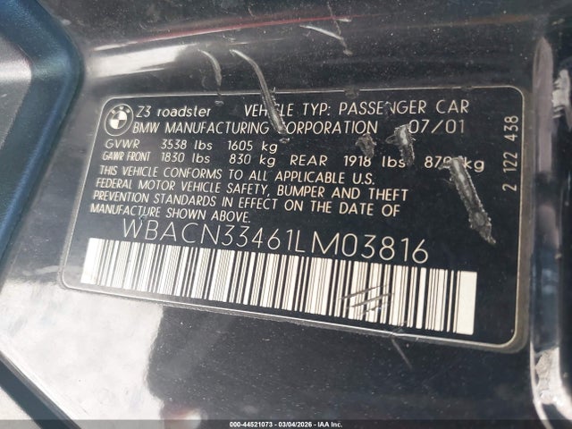 2001 Bmw Z3 2.5i მანქანა იყიდება აუქციონზე, vin: WBACN33461LM03816, აუქციონის ნომერი: 44521073