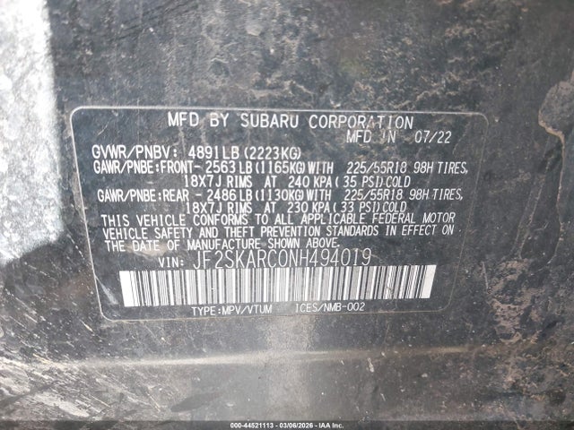 44521113 :رقم المزاد ، JF2SKARC0NH494019 vin ، 2022 Subaru Forester Touring مزاد بيع