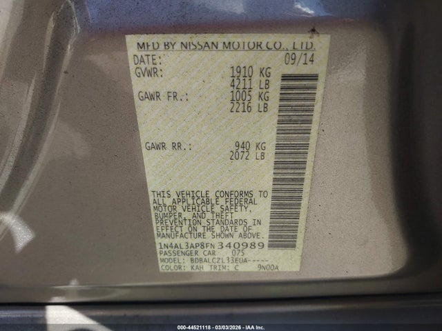 Nissan Altima 2.5 S 2015 1N4AL3AP8FN340989 Image 9