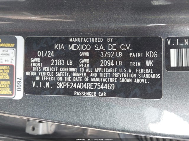 2024 Kia Forte Lx მანქანა იყიდება აუქციონზე, vin: 3KPF24AD4RE754469, აუქციონის ნომერი: 44521127
