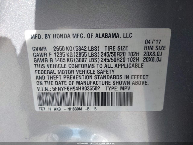 Honda Pilot Touring 2017 5FNYF6H94HB035502 Image 9