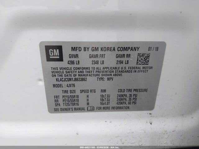 2018 Buick Encore Essence მანქანა იყიდება აუქციონზე, vin: KL4CJCSM1JB633862, აუქციონის ნომერი: 44521165