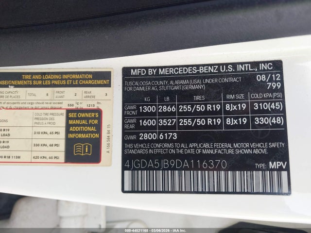 44521168 :رقم المزاد ، 4JGDA5JB9DA116370 vin ، 2013 Mercedes-benz Ml 350 مزاد بيع