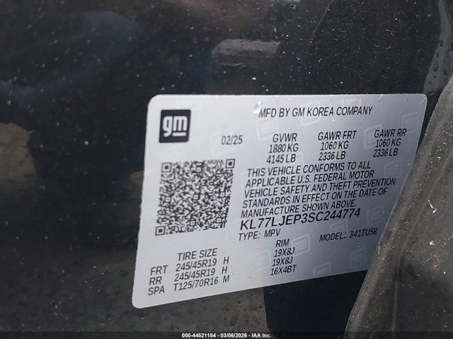2025 Chevrolet Trax Fwd 2rs მანქანა იყიდება აუქციონზე, vin: KL77LJEP3SC244774, აუქციონის ნომერი: 44521184