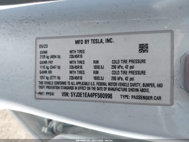 Продаж на аукціоні авто 2023 Tesla Model 3 Rear-wheel Drive, vin: 5YJ3E1EA4PF580998, номер лоту: 44521197