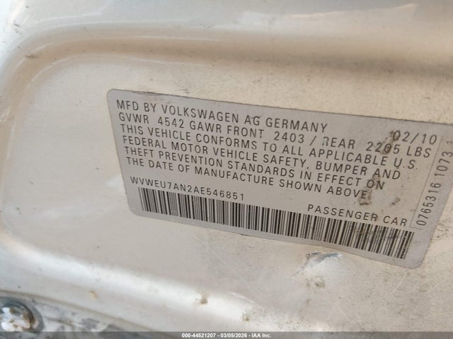44521207 :رقم المزاد ، WVWEU7AN2AE546851 vin ، 2010 Volkswagen Cc Vr6 Sport مزاد بيع