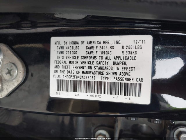 2012 Honda Accord 2.4 Ex-l მანქანა იყიდება აუქციონზე, vin: 1HGCP2F84CA066052, აუქციონის ნომერი: 44521254