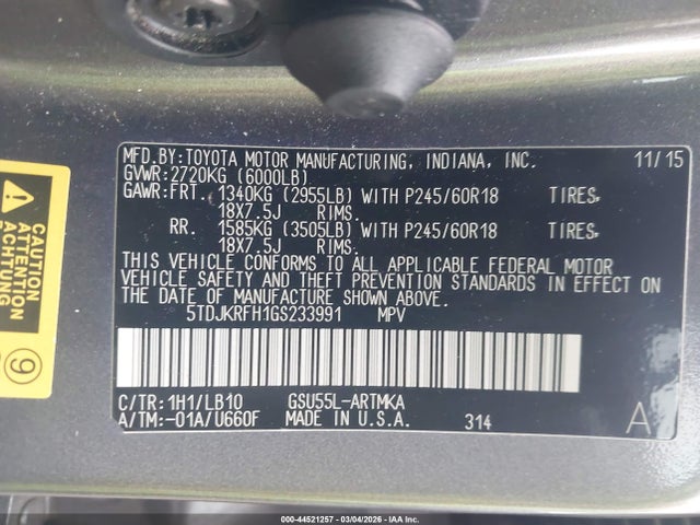 Продажа на аукционе авто 2016 Toyota Highlander Xle V6, vin: 5TDJKRFH1GS233991, номер лота: 44521257