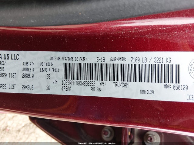 44521266 :رقم المزاد ، 1C6SRFHT8KN856952 vin ، 2019 Ram 1500 Limited مزاد بيع