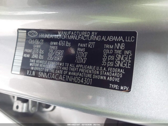 44521307 :رقم المزاد ، 5NMJACAE1NH054301 vin ، 2022 Hyundai Tucson Se مزاد بيع